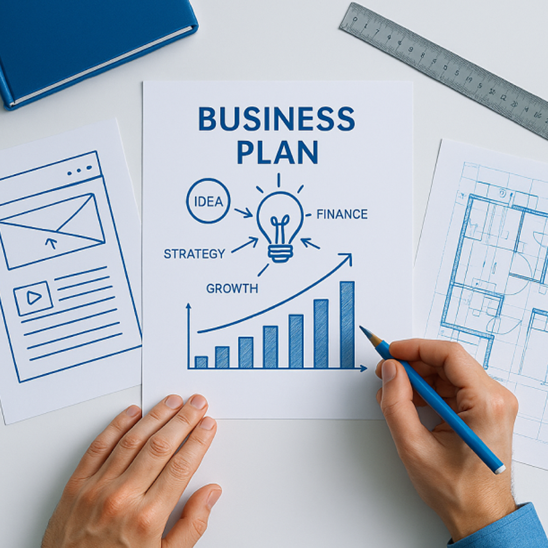 Hands drafting a business plan with charts and blueprints